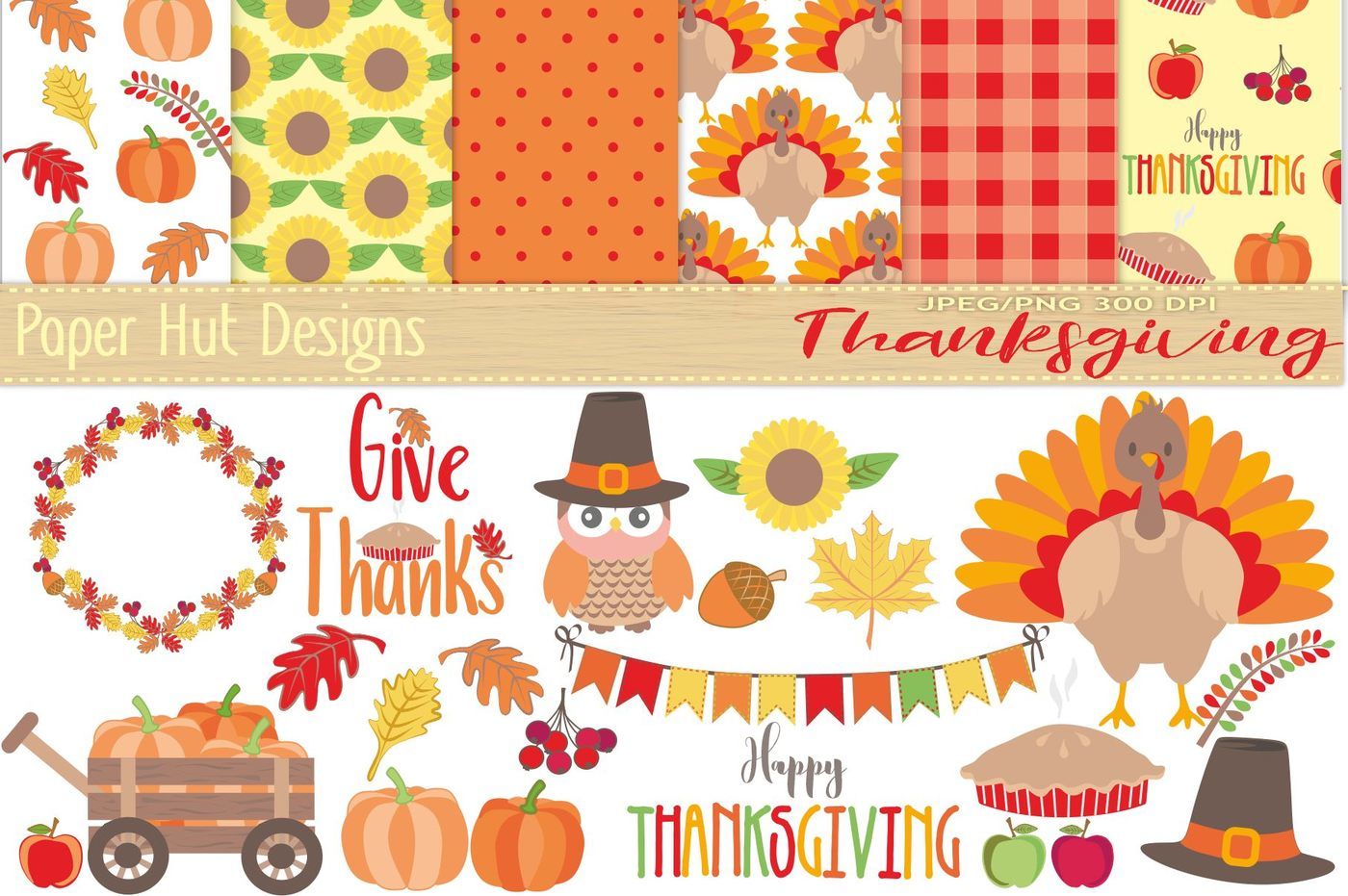 Thanksgiving Clipart and Digital Paper Set By.