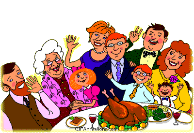 Family waving at dinner table thanksgiving animation.