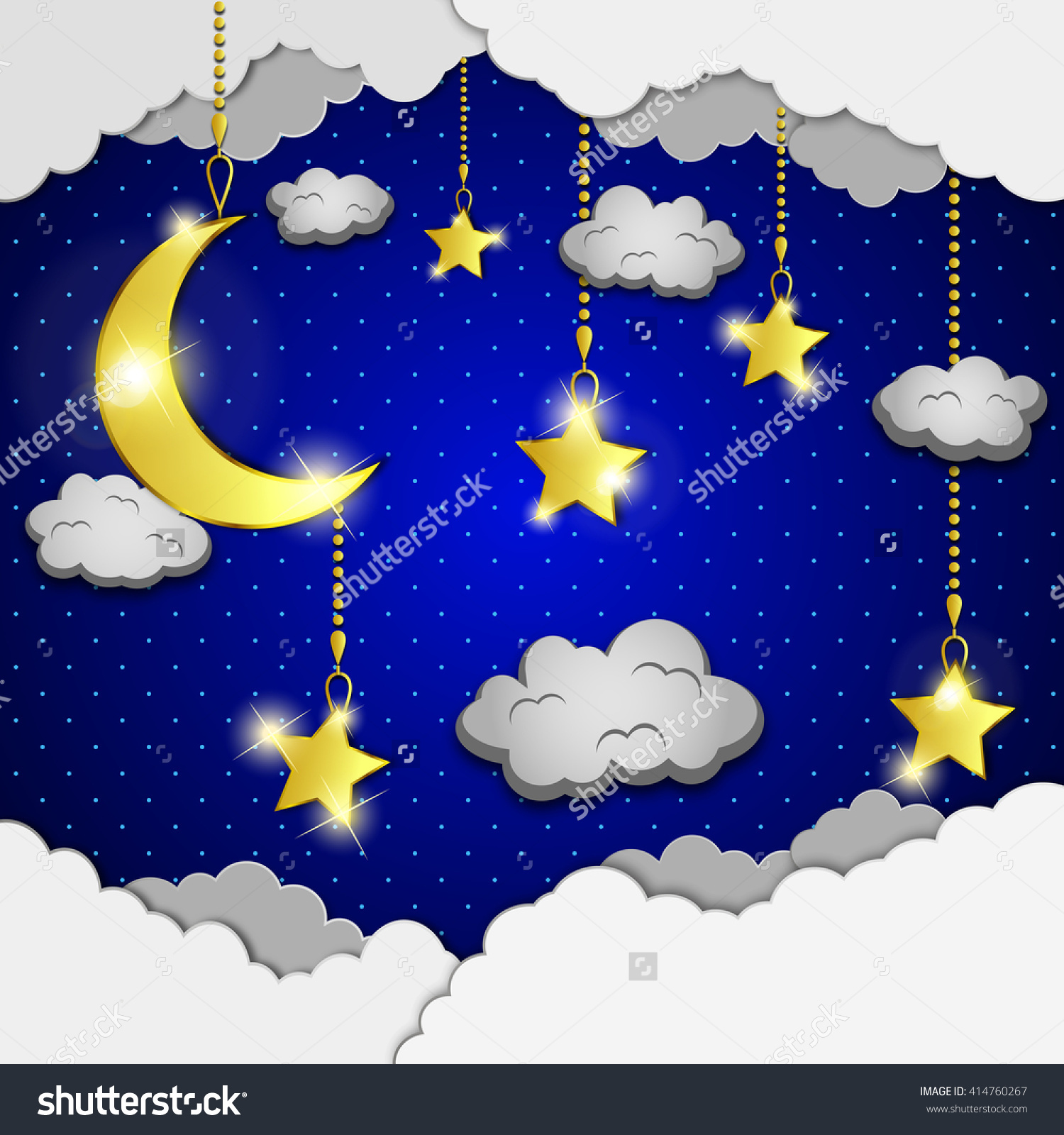 Vector background with evening sky. Moon and stars in the clouds.
