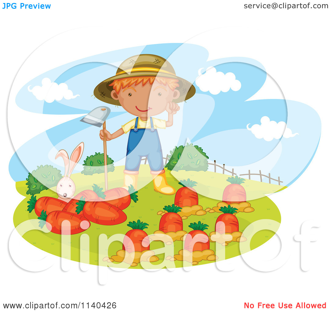Cartoon Of A Rabbit And Farmer Boy In A Carrot Garden.