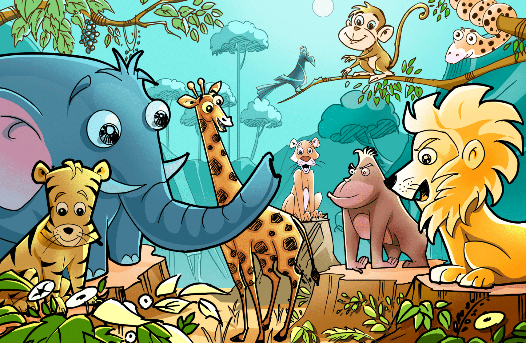 Animals in the jungle clipart.