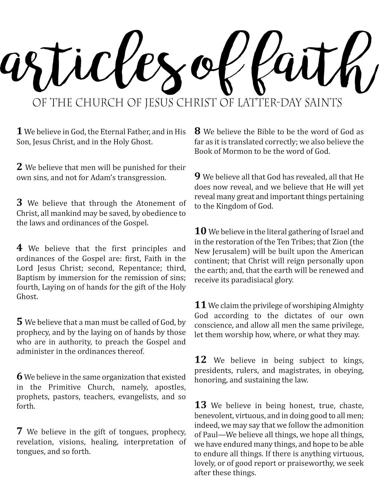 FREE Articles of Faith Large Printable.