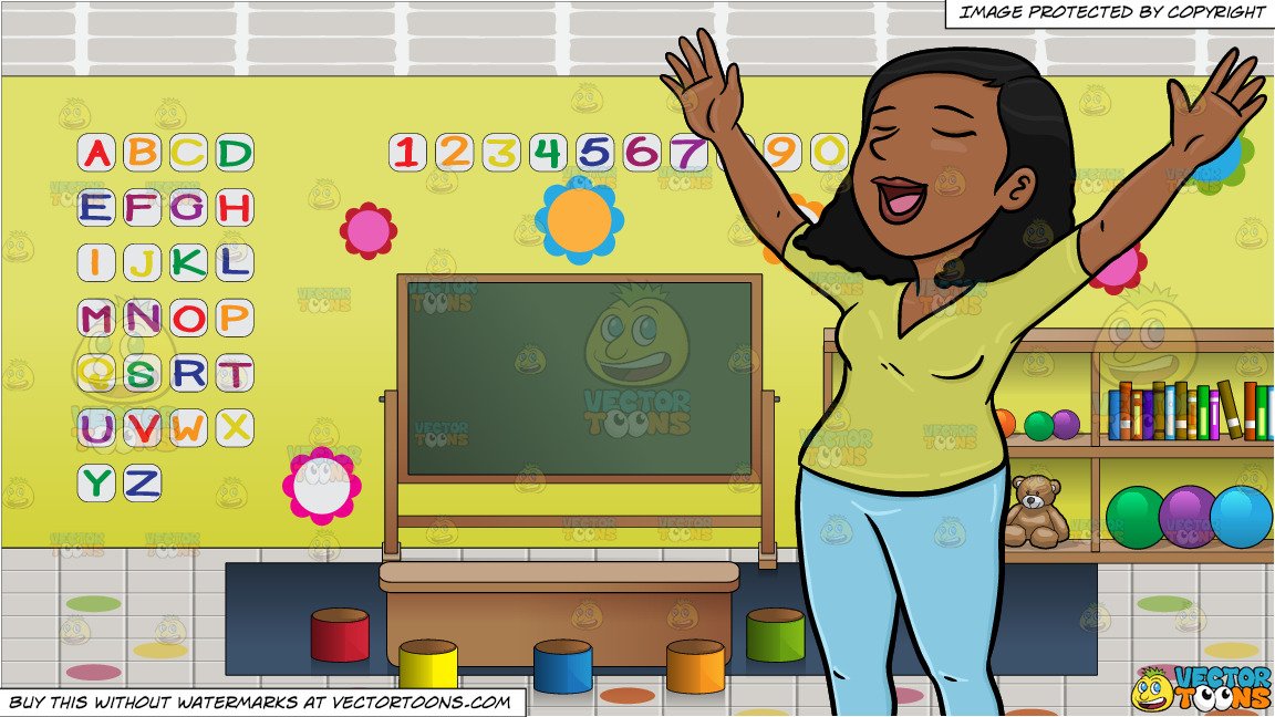 A Black Woman Singing And Praising The Lord During A Mass and Inside A  Preschool Classroom Background.