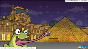 A Frog Catching A Fly and The Louvre Background.
