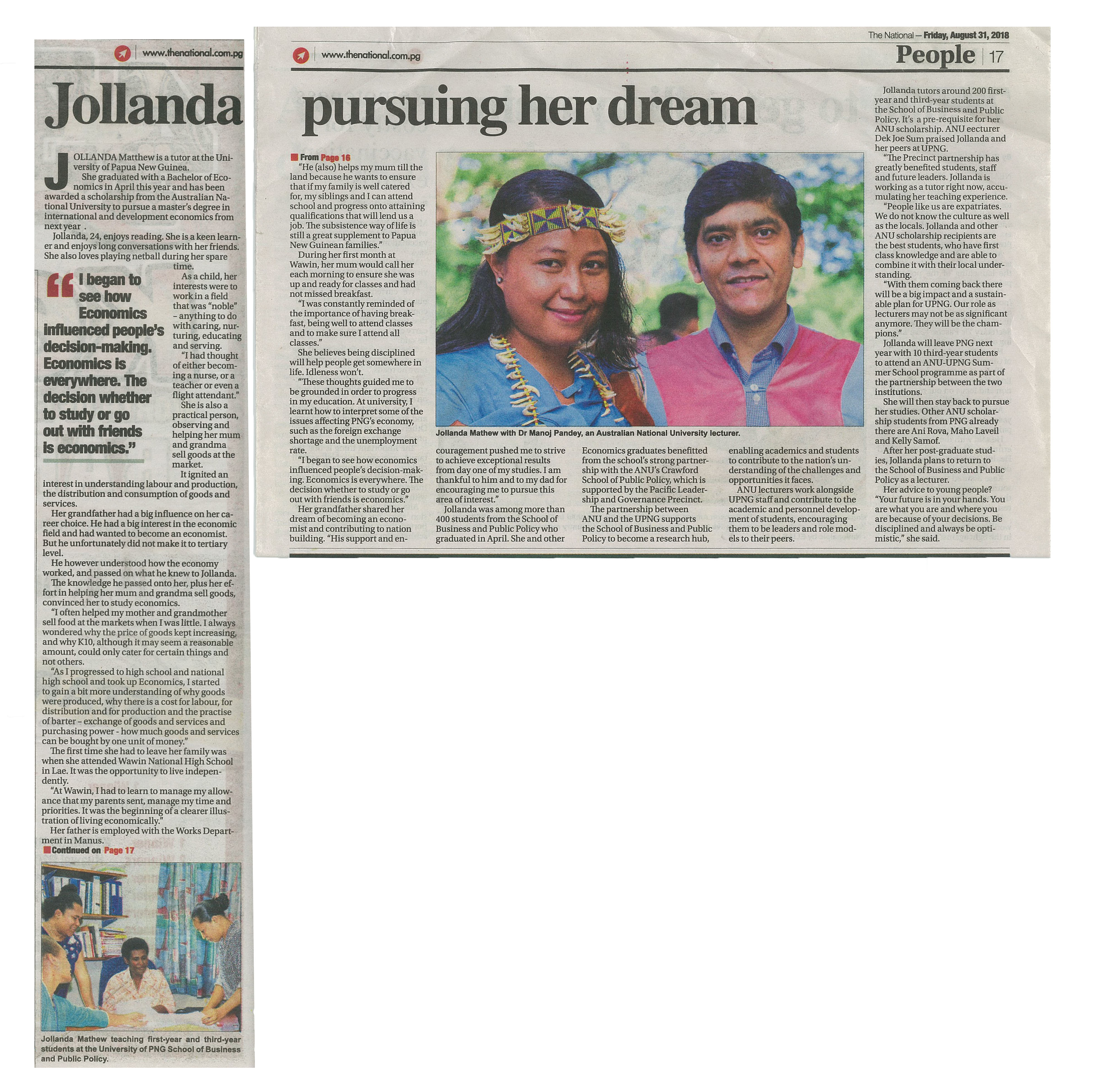 Recent newspaper article featuring Jollanda Mathew.