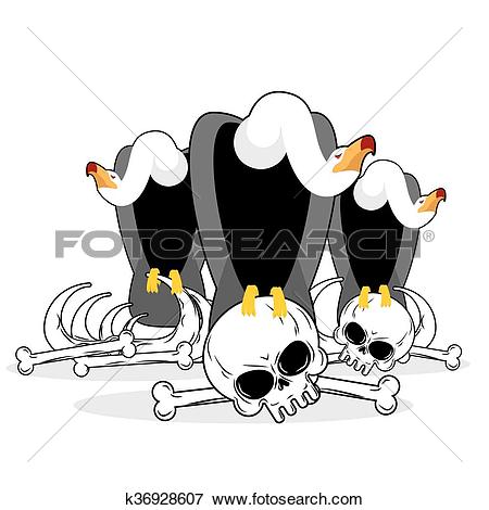 Clip Art of Vultures on skull isolated illustration. Griffon gnaw.