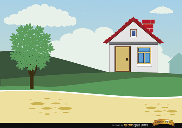 Small Country Cartoon House Background Free Vector.