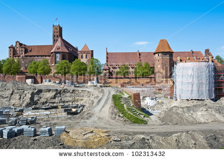 Reconstruction Medieval Teutonic Knights Fortress Malbork Stock.