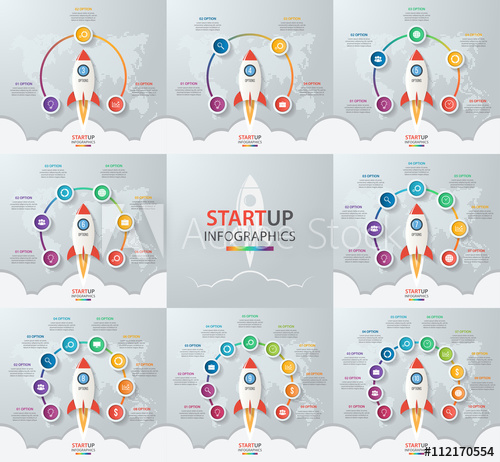 Startup vector circle infographic set with rocket launch and.