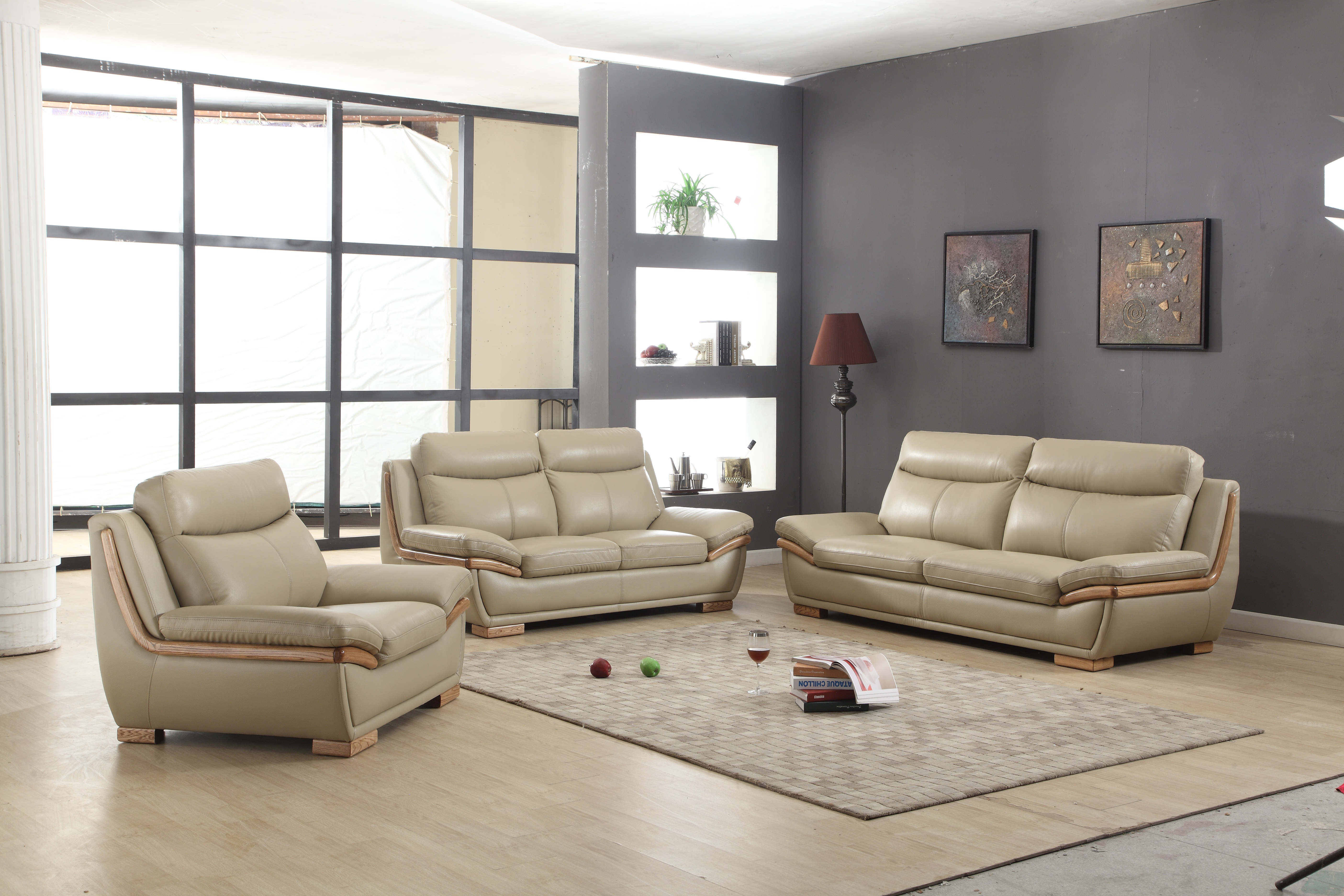 Corner L Shaped Light Brown Top Grain Leather Couch With Chaise.