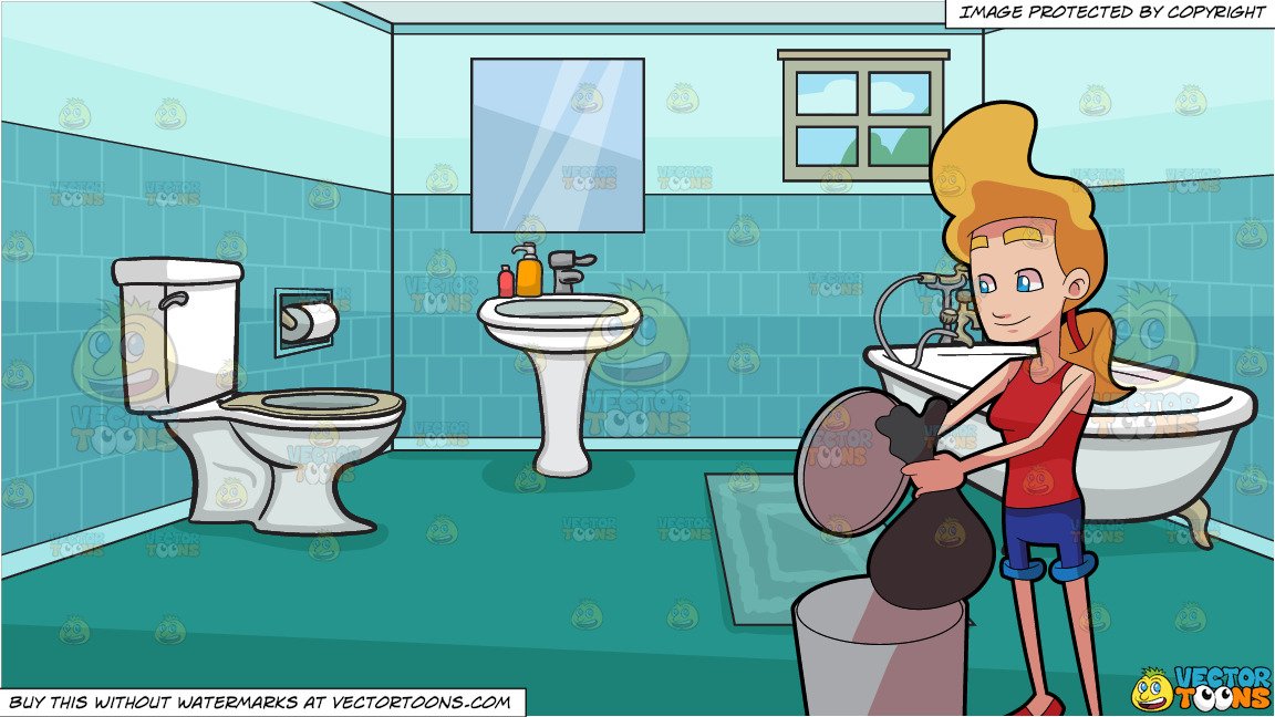 A Woman Throwing Garbage Into The Bin and An Apartment Bathroom Background.