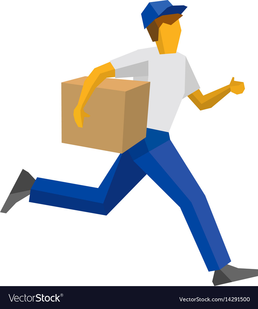 Running delivery man holding carton box.