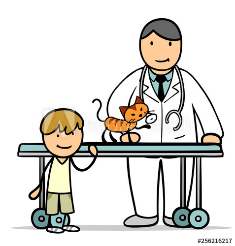 Cartoon Kind mit Katze beim Tierarzt.
