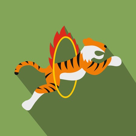 Circus tiger jumping through flaming hoop. Flat illustration.