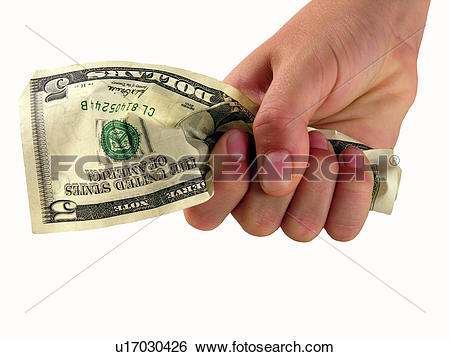 Stock Images of A Hand Holding Tightly To a 5 Dollar Bill.