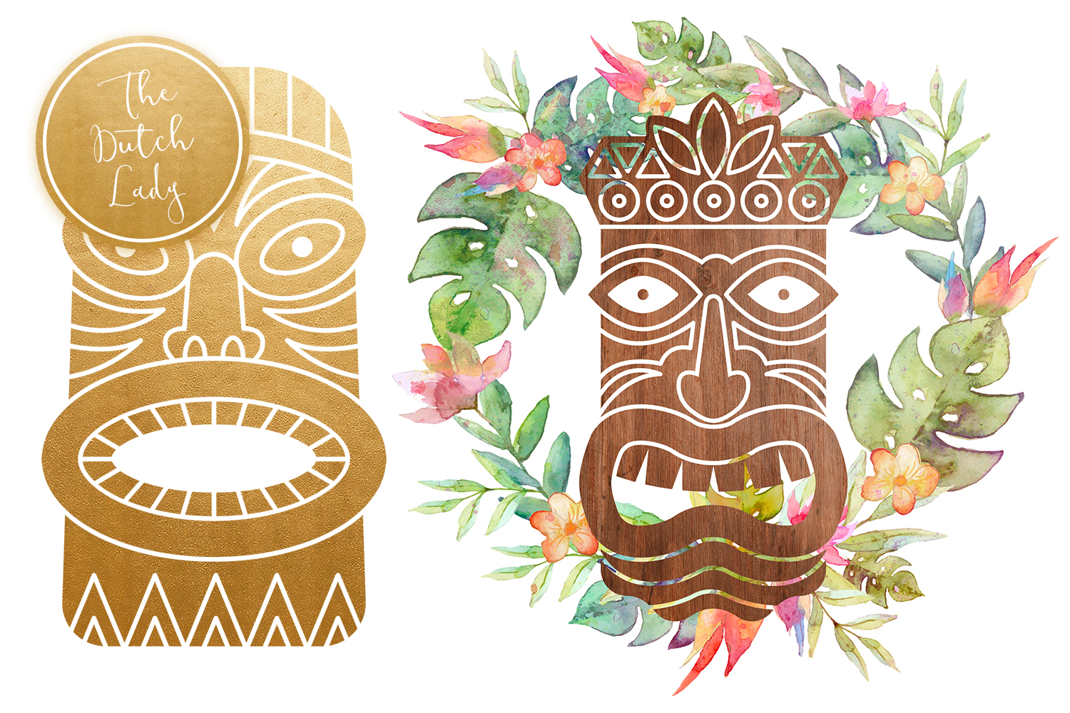 Hawaiian Tiki Mask Clipart Set.