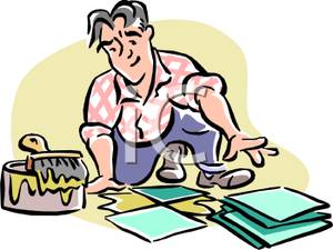 A Colorful Cartoon of a Handyman Laying Tiles.