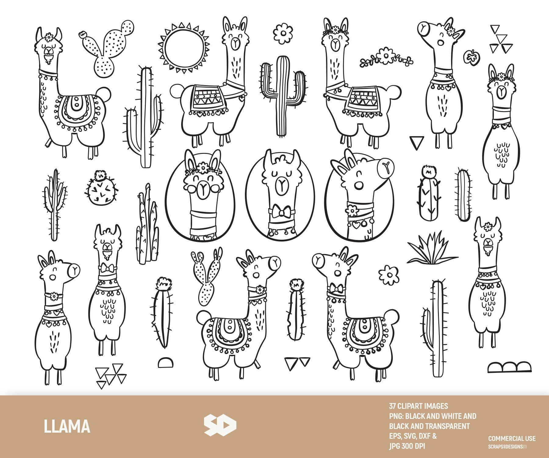 Llama clipart, alpaca clip art, cactus digital stamp.