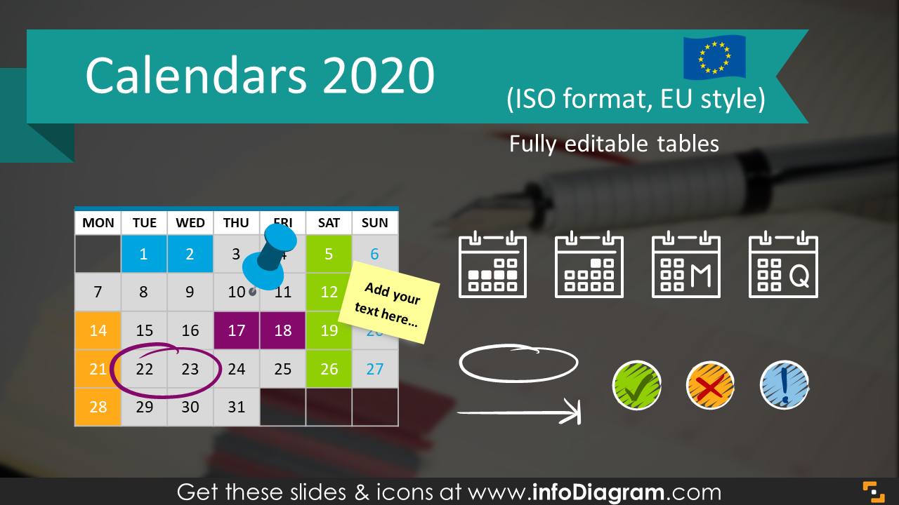 Creative Calendars 2020 PowerPoint Timeline Graphics PPT tables icons.