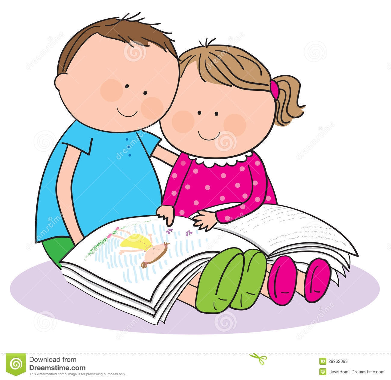 Two Children Reading Clipart.