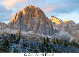 Stock Photography of Cinque Torri Dolomites, sunset in the Autumn.