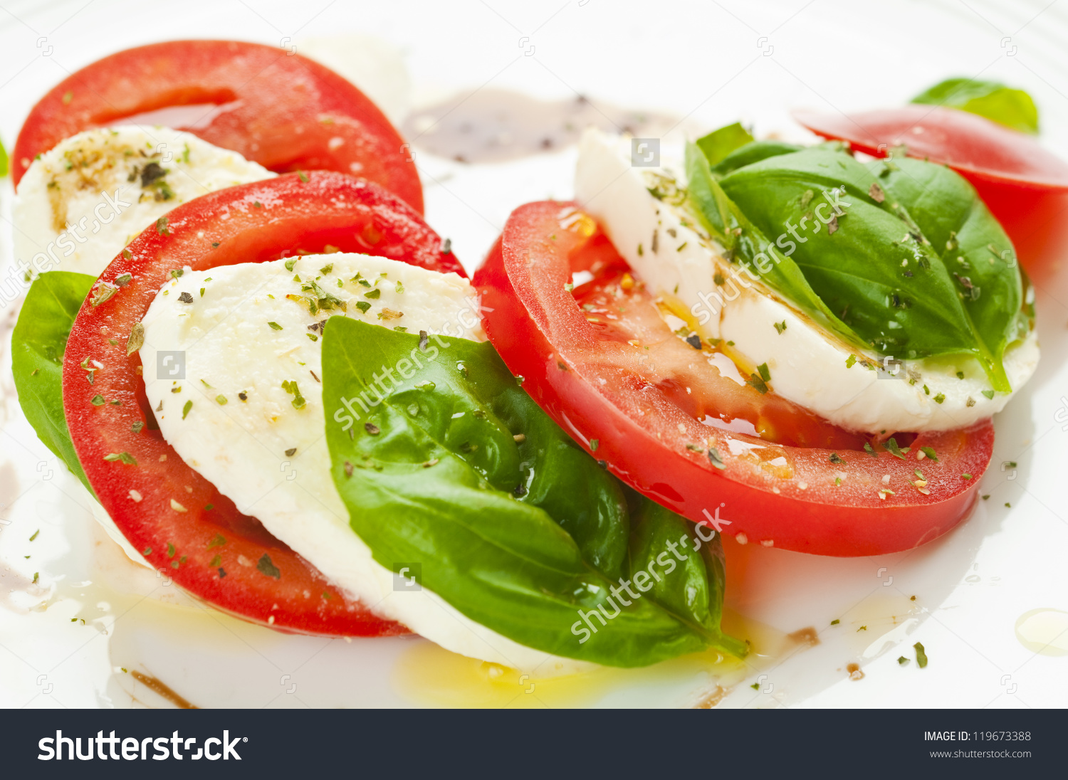 Caprese Salad Mozzarella Tomato Basil Balsamic Stock Photo.
