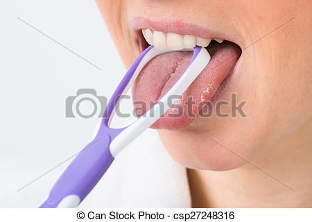 Stock Photography of Woman Using Tongue Cleaner.