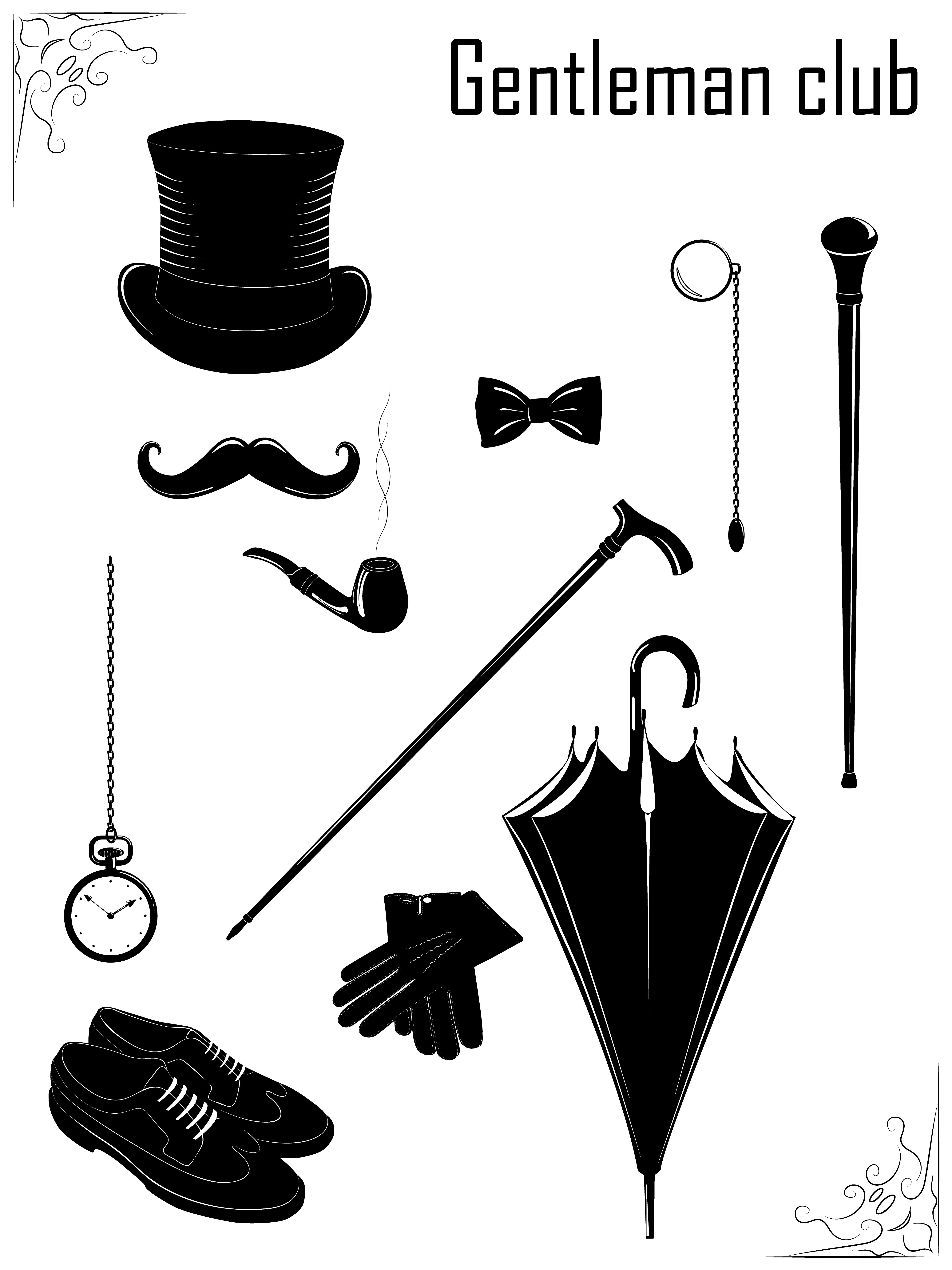 Man`s fashion set. Gentleman; gentlemen; top hat; cylinder.