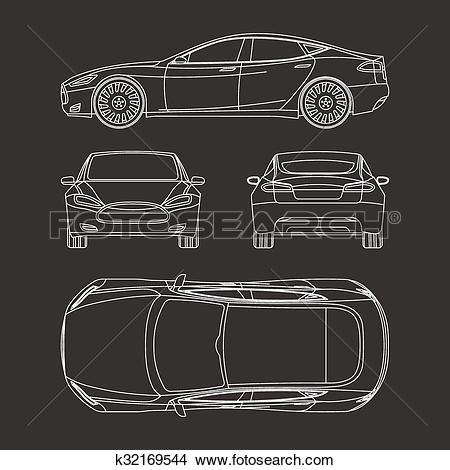 Clipart of Car draw four all view top side back insurance, rent.