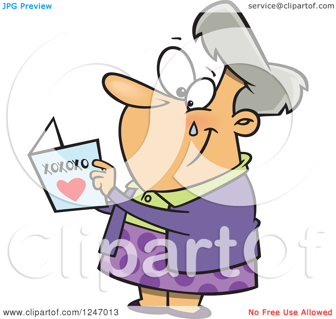 Clipart of a Touched Granny Crying While Readig a Greeting Card.