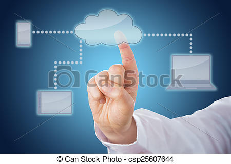 Drawing of Finger Touching Cloud Linked To Mobile Devices.