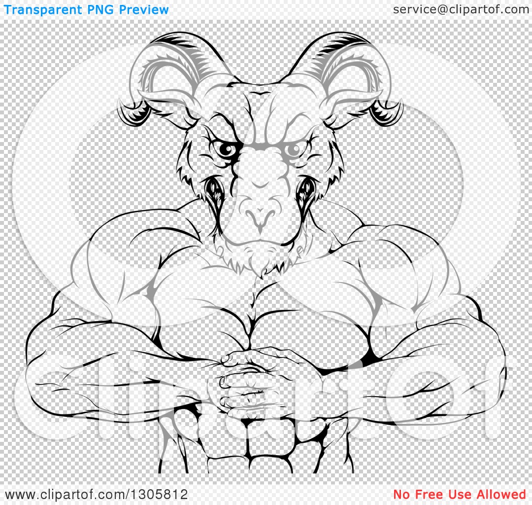 Clipart of a Black and White Muscular Tough Angry Ram Man Punching.
