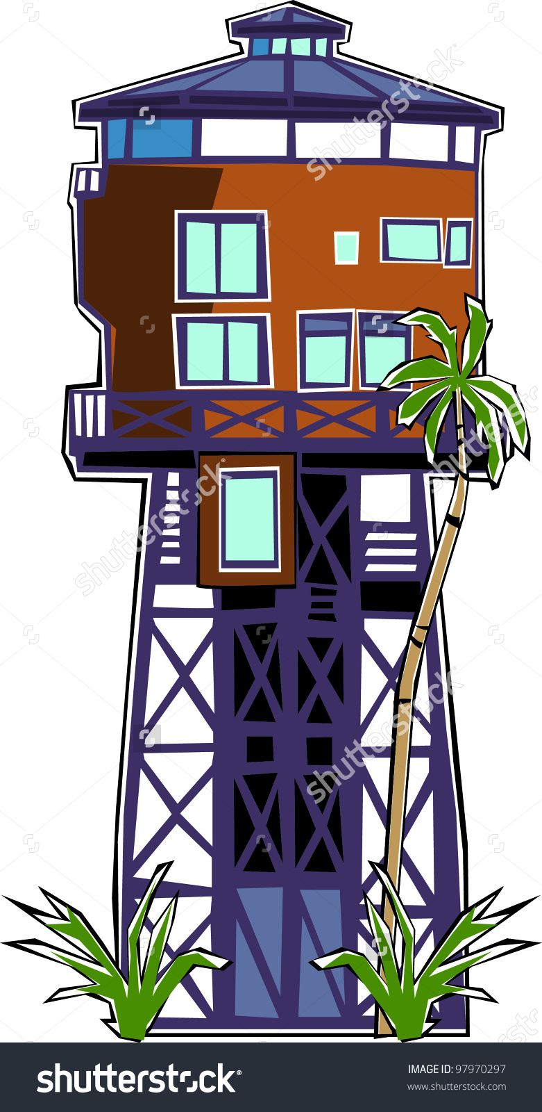 Tropical Water Tower Beach House Stock Vector Illustration.