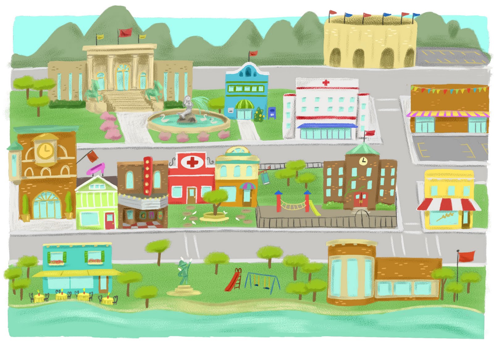 Карта города с школой. Город рисунок для детей. Мультяшный город. Multyashniy gorod. Дети в городе.