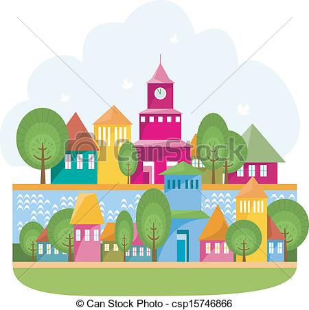 Clip Art Vector of Small Town On The River.