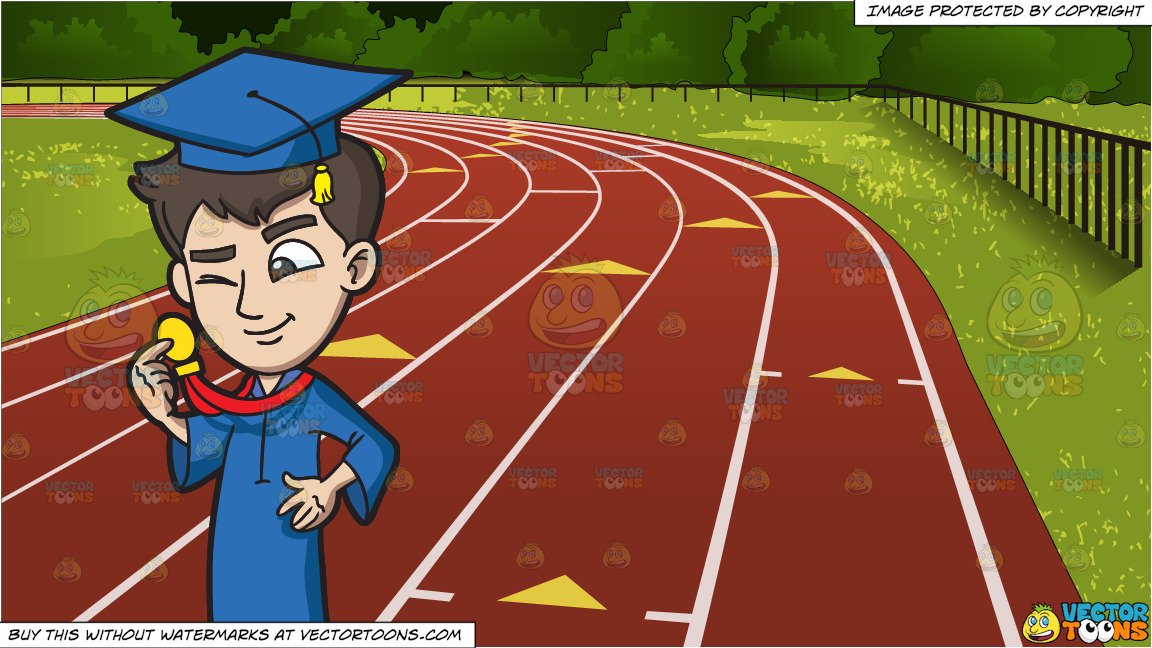 A Guy Checking Out His Graduation Medal Award and Outdoor Running Track  Background.