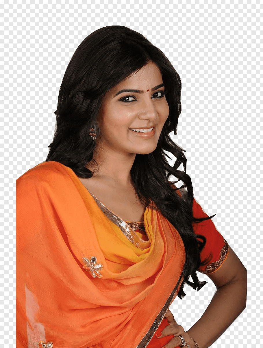 Woman in orange and red sari dress, Samantha Akkineni Actor.