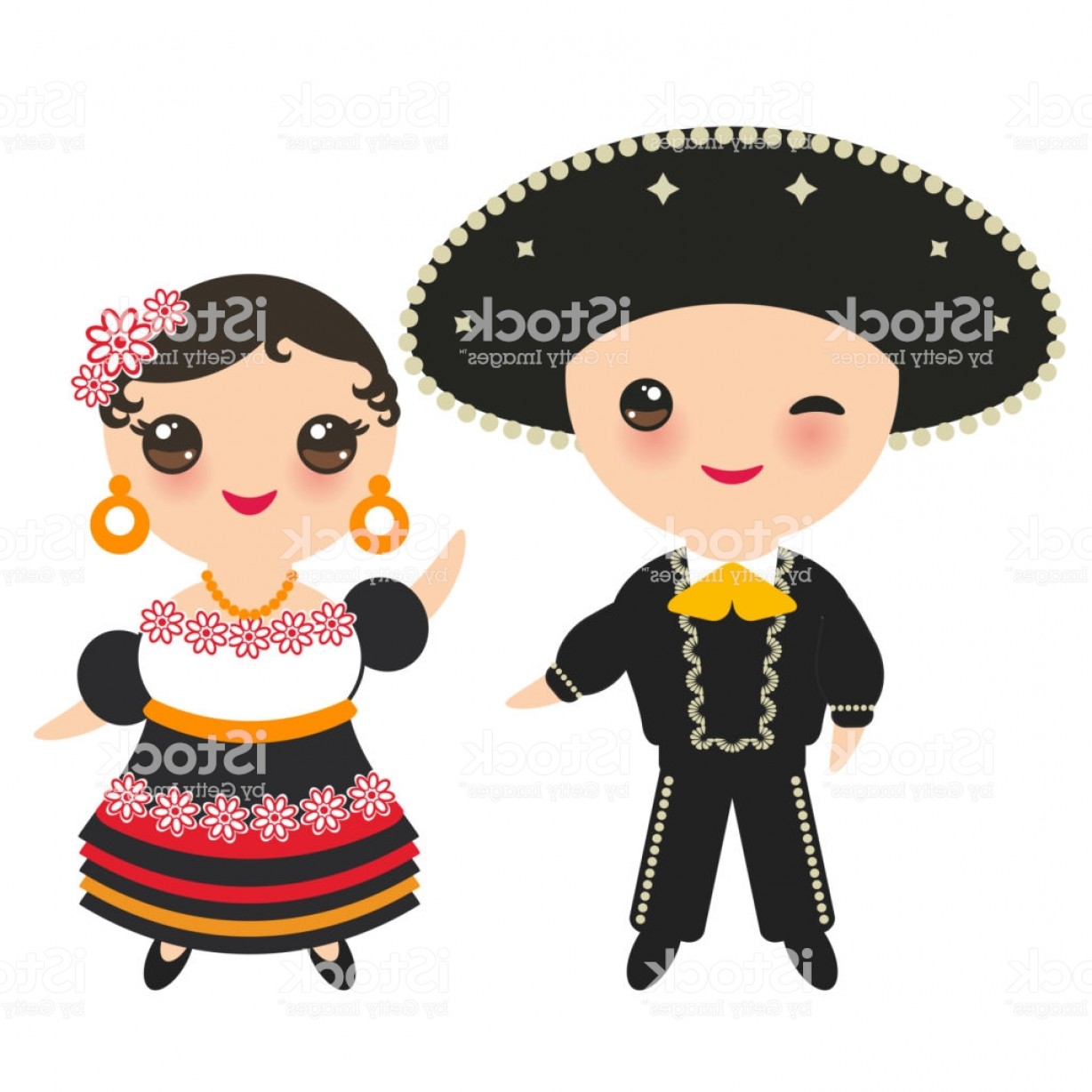 Mexican Boy And Girl In National Costume And Hat Cartoon.