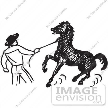 Clipart Of A Cowboy Training A Horse In Black And White.