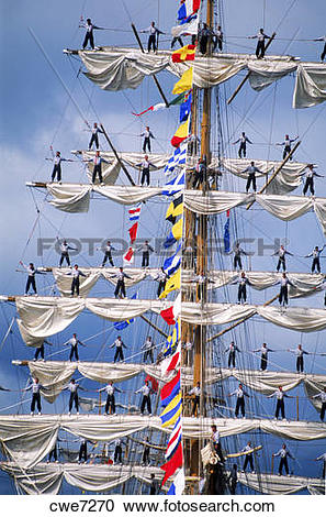 Stock Photography of Sailors standing on the masts of the 3 masted.