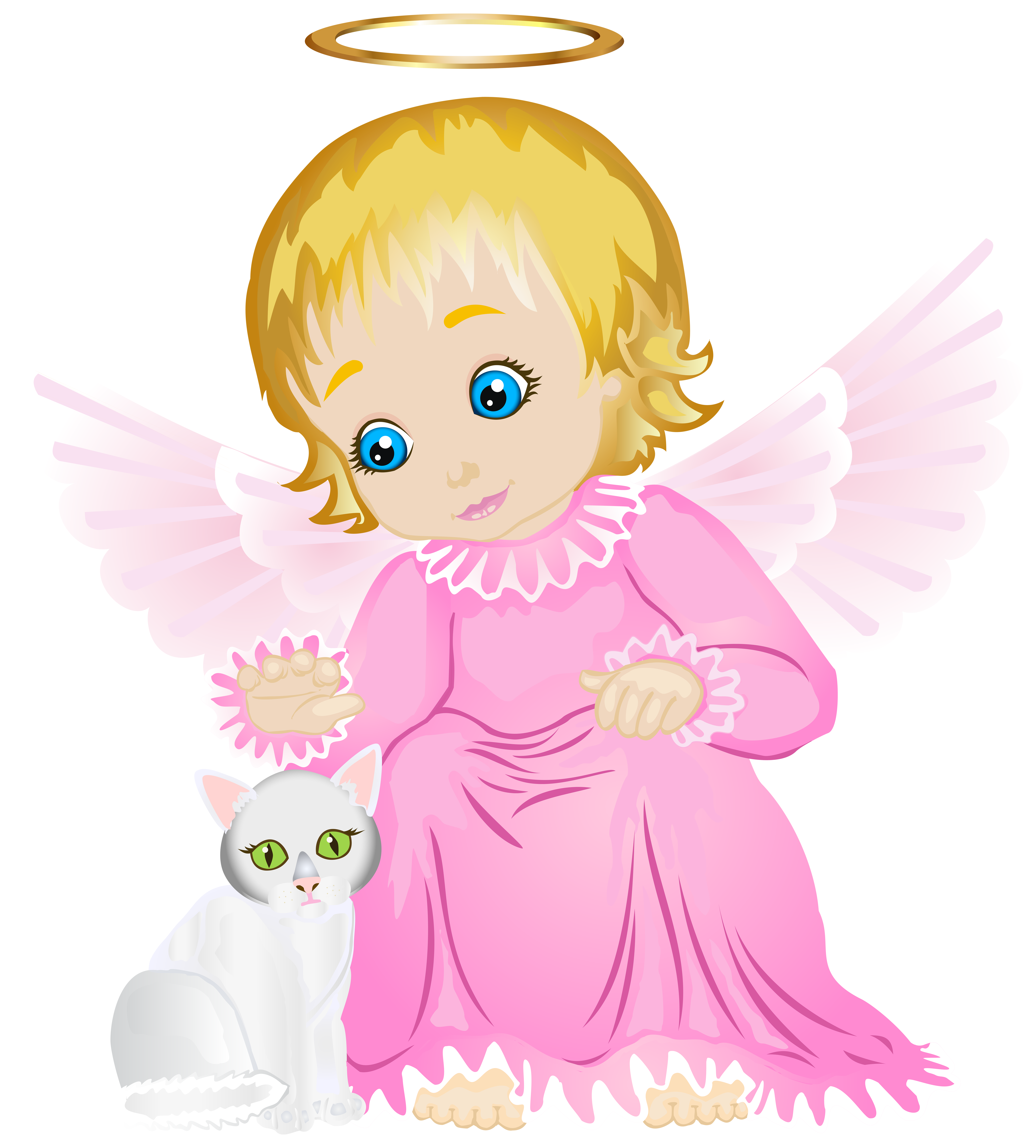 Cute Angel with White Kitten Transparent PNG Clip Art Image.