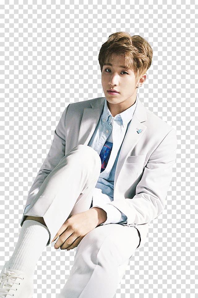 ASTRO Jinjin, sitting man in white suit with right knee.