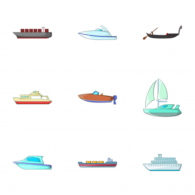 Conjunto de transporte marítimo, estilo de dibujos animados.