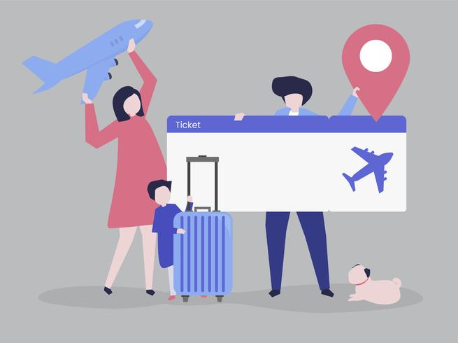 Characters of people holding travel icons illustration.