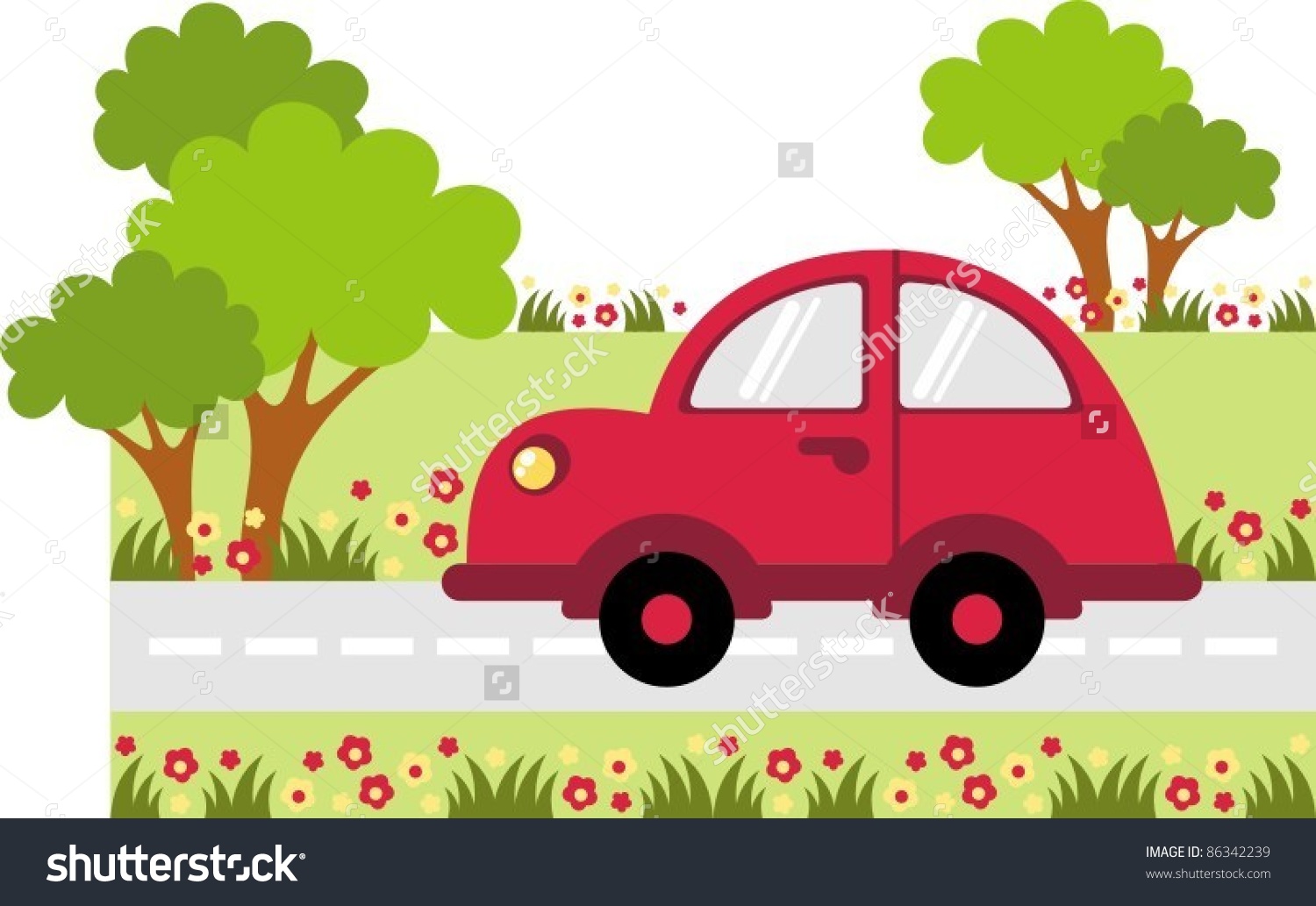 Small Car Traveling On Road Along Stock Vector 86342239.