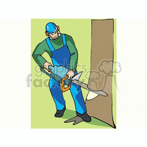 Man cutting a tree with a chainsaw clipart. Royalty.