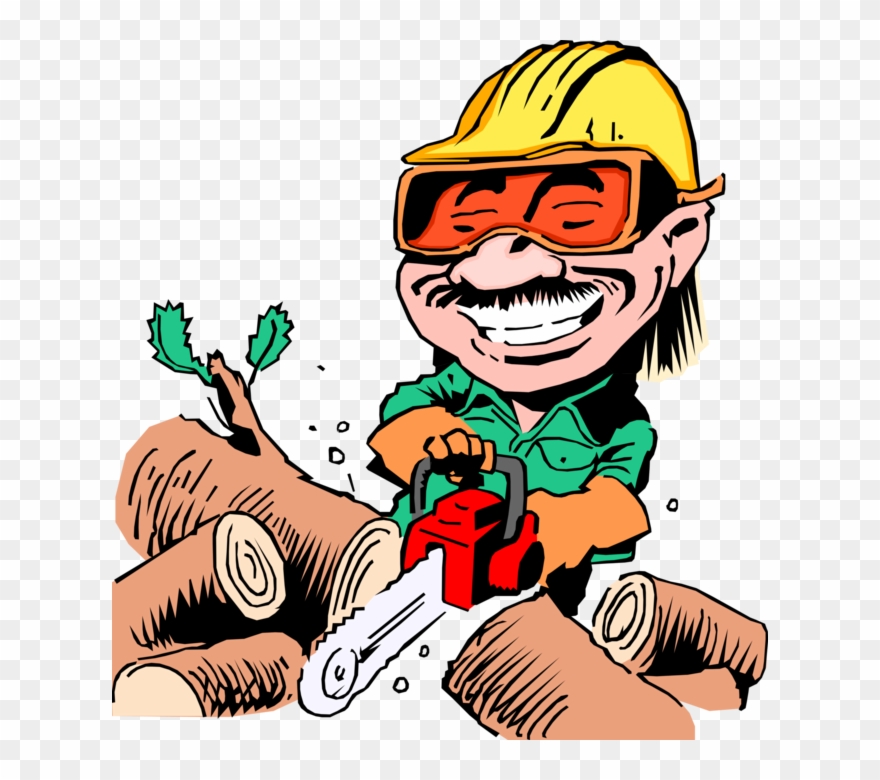 Vector Illustration Of Woodcutter With Chainsaw Cutting.