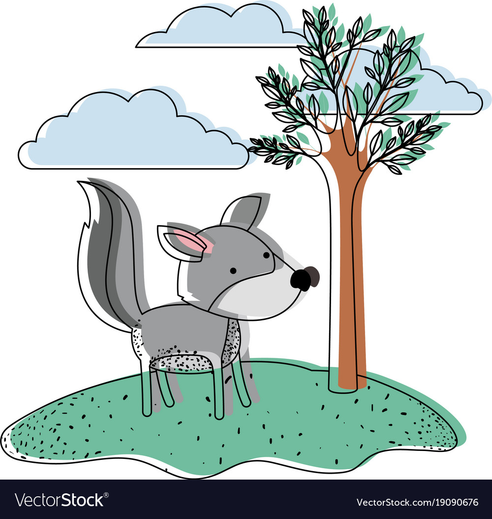 Wolf cartoon in outdoor scene with trees and.