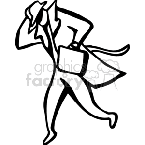 Black and White Man in a Trench Coat Holding a Case Running in the Wind  clipart. Royalty.