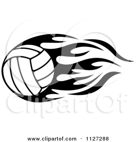 Clipart Of A Black And White Volleyball With Tribal Flames 4.
